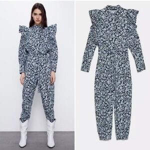 Zara Poplin Blue and White Floral Printed High Neck Jumpsuit